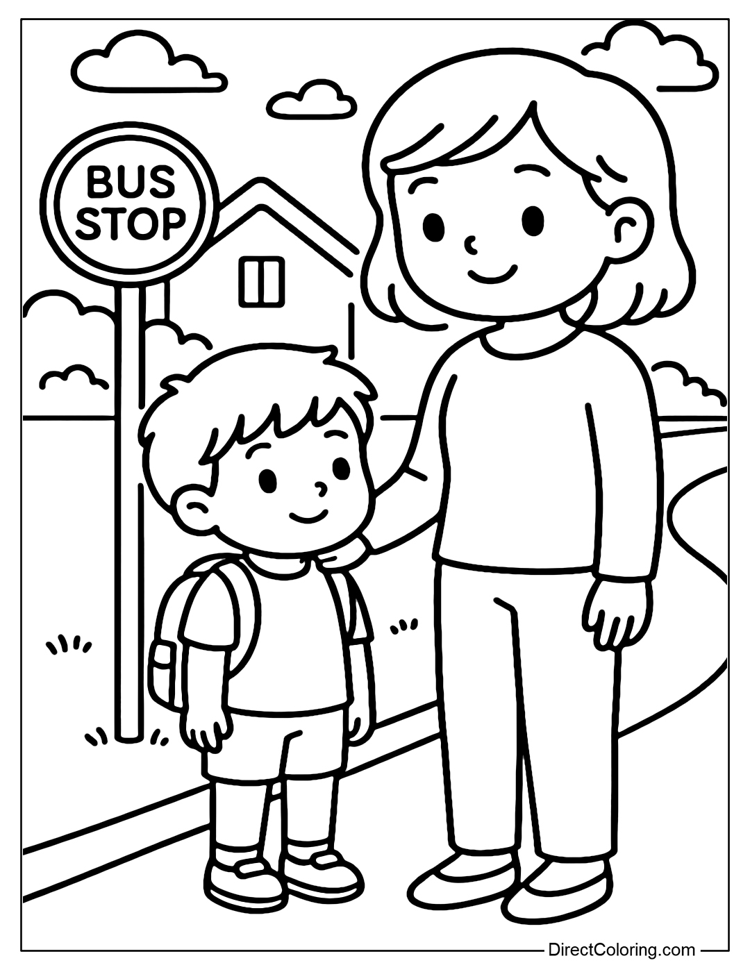Coloring page of a child standing next to his mother waiting for the bus in front of the house, the school bus is coming from afar.