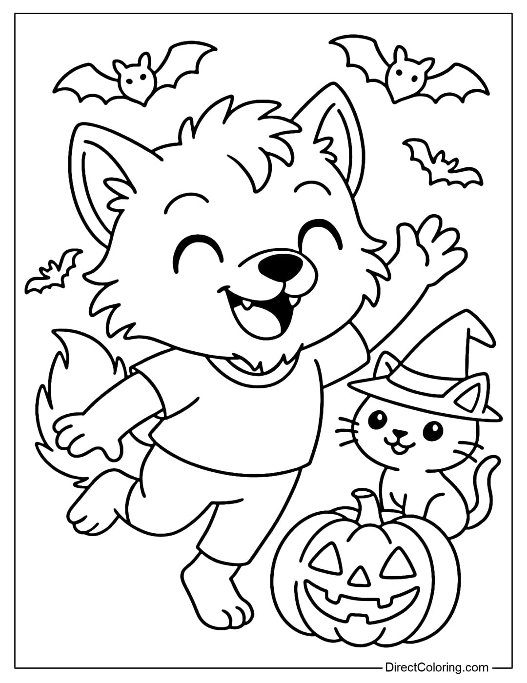 Coloring page of little werewolf playing with witch cat and laughing pumpkin, funny Halloween scene.