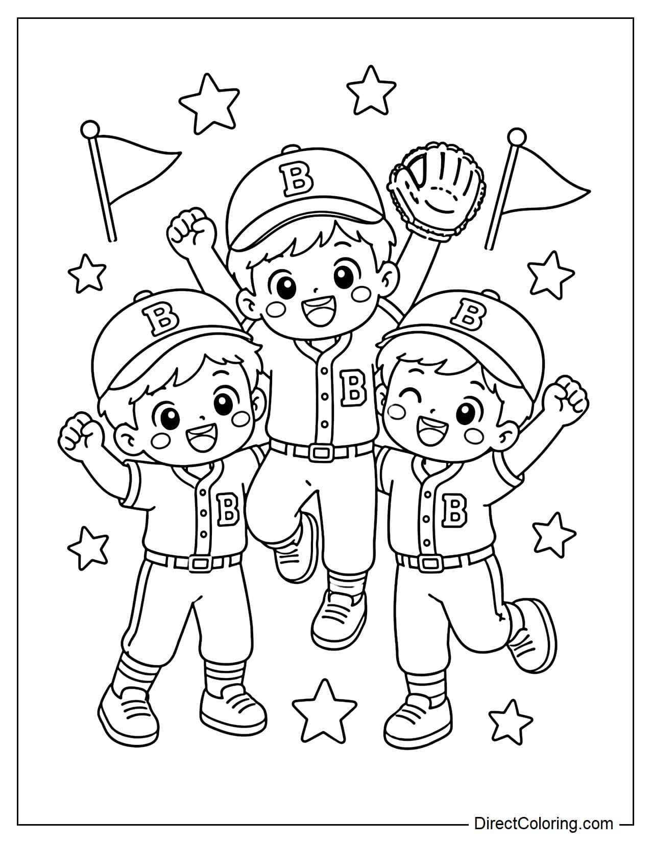 Three little baseball characters are happily celebrating together, surrounded by stars and small flags.