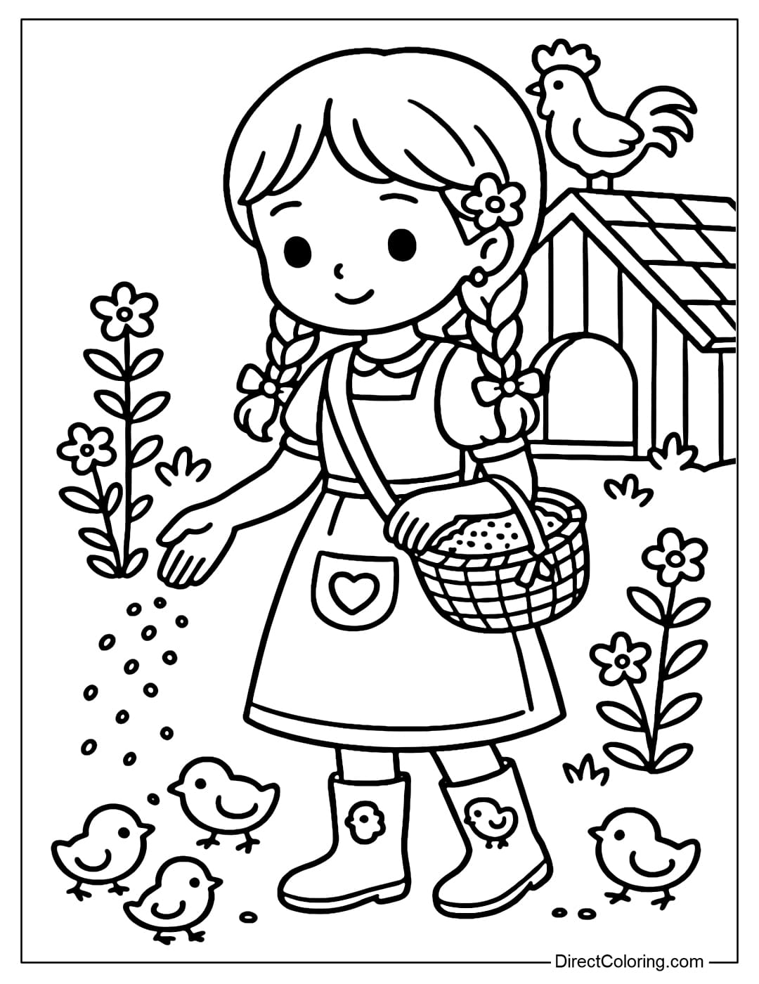 Coloring page of a farm girl standing next to a chicken coop spreading food for the chickens.