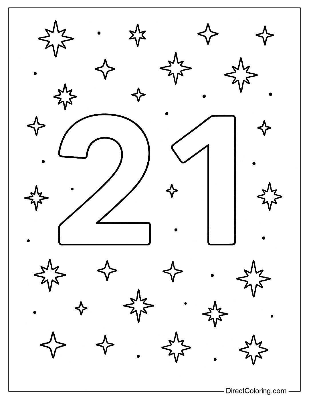 number 21 coloring page in the night space with 21 small sparkling stars.