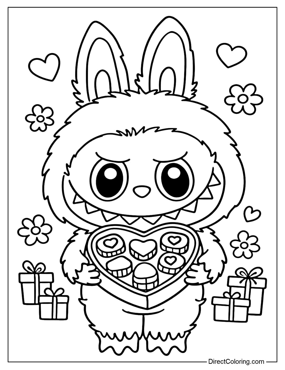 A Labubu coloring page holding a heart-shaped box of chocolates; the chocolates are drawn large and simple. A warm Valentine's atmosphere.