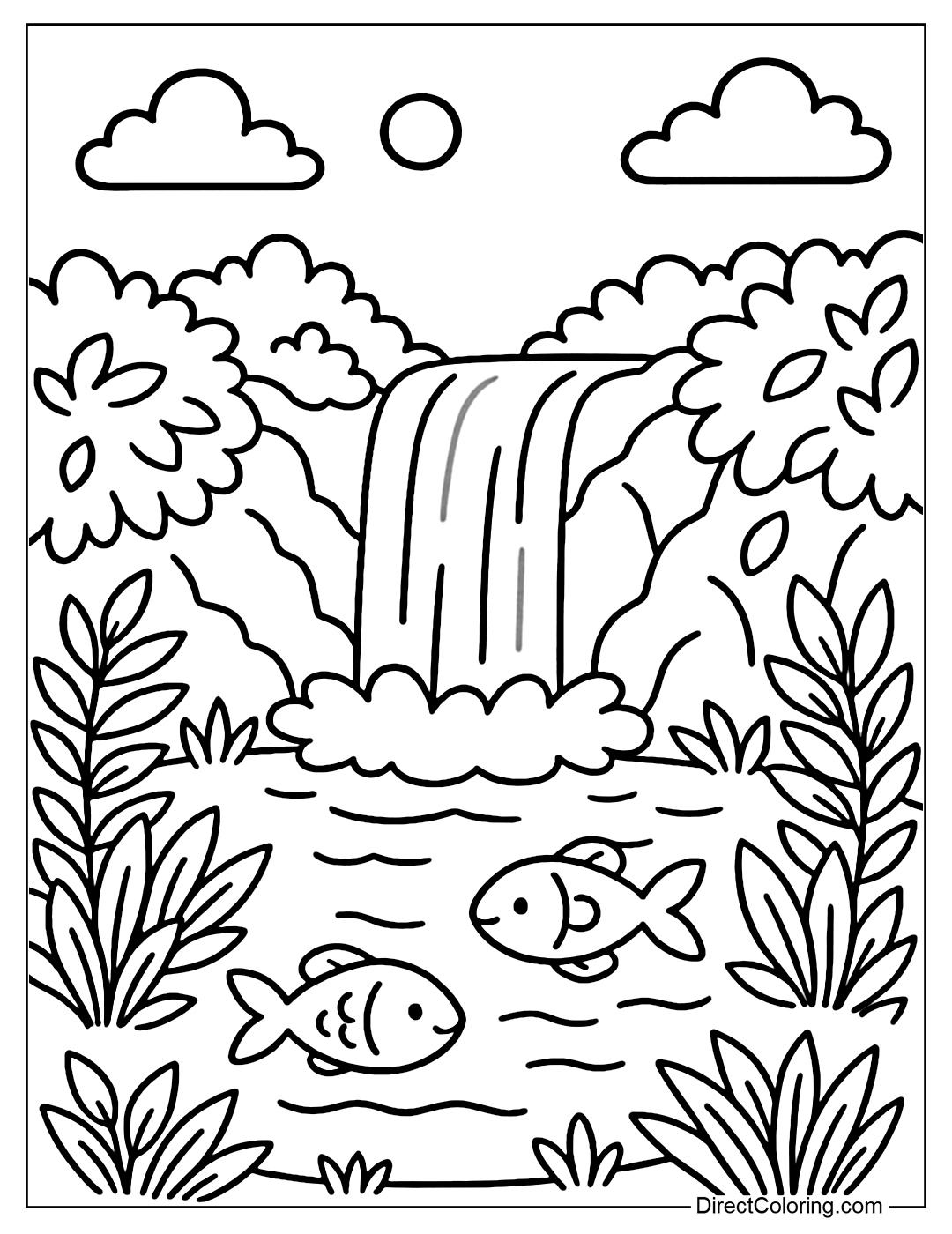 A cool green summer waterfall coloring page, thick leaves, fish swimming in the lake, clear sky