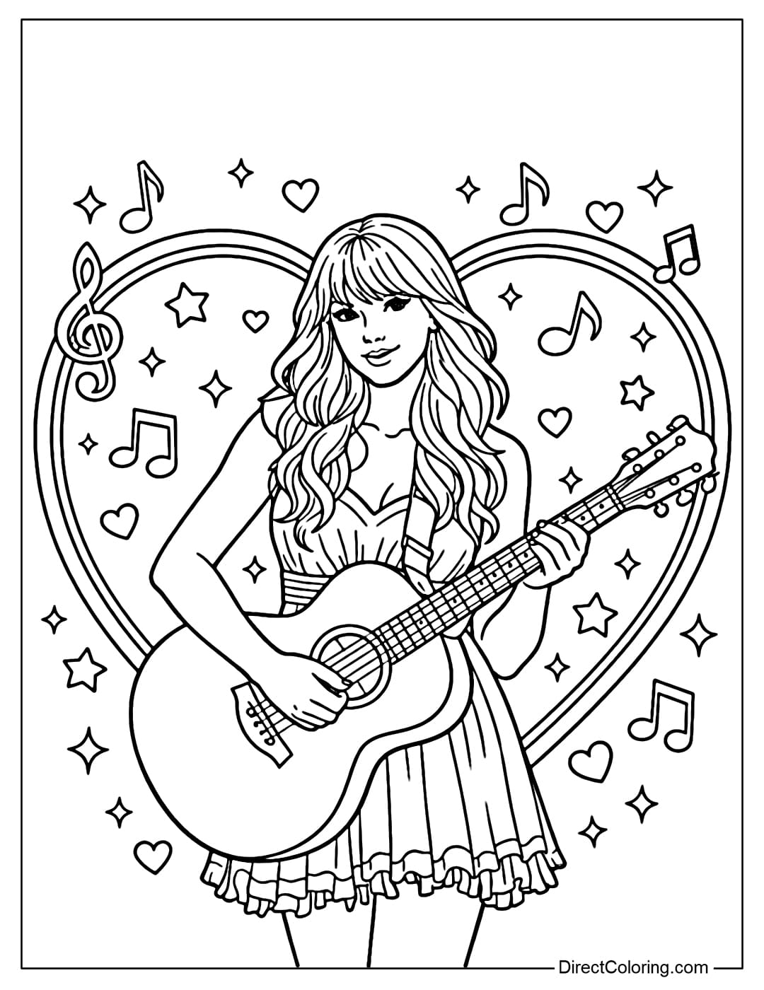 A coloring page of Taylor Swift standing in a large heart frame, surrounded by small musical notes and stars.