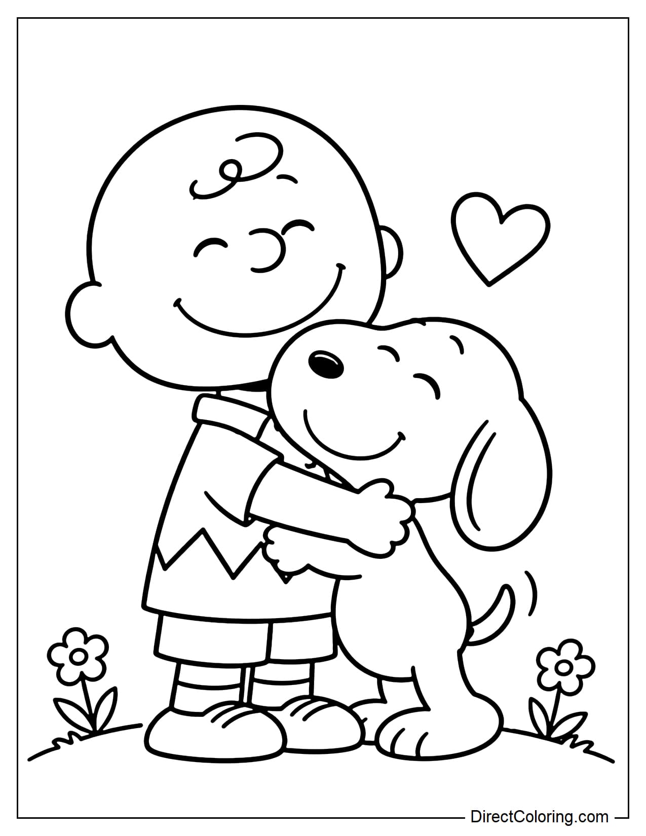 Charlie Brown smiles sweetly as he wraps his arms around Snoopy in a happy hug. Two small flowers and a heart surround the pair.