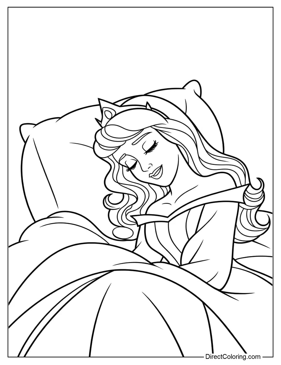 Coloring page of Princess Aurora sleeping on a soft pillow.