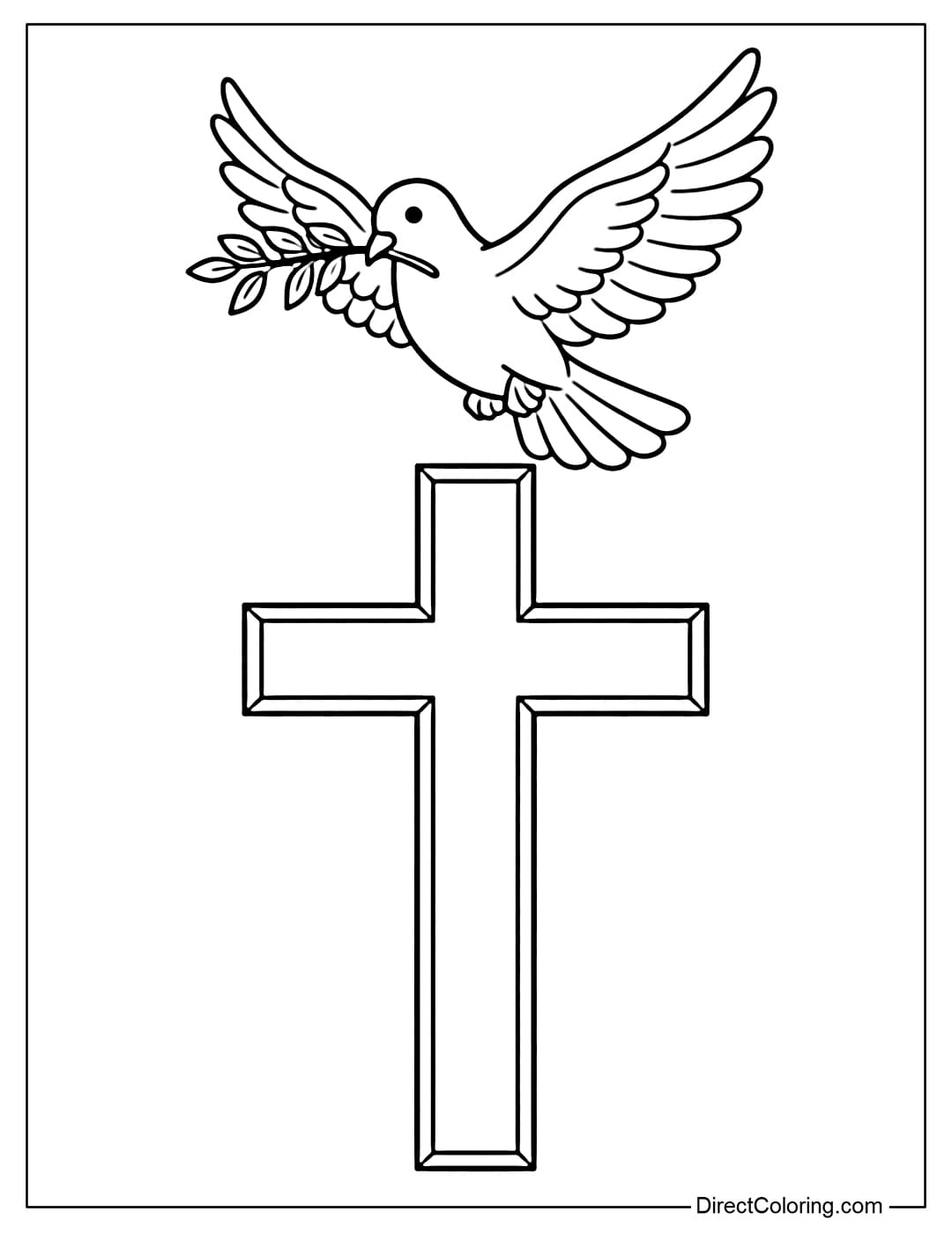 A coloring page of a cross with a flying dove above it, carrying a small branch in its beak, symbolizing peace.