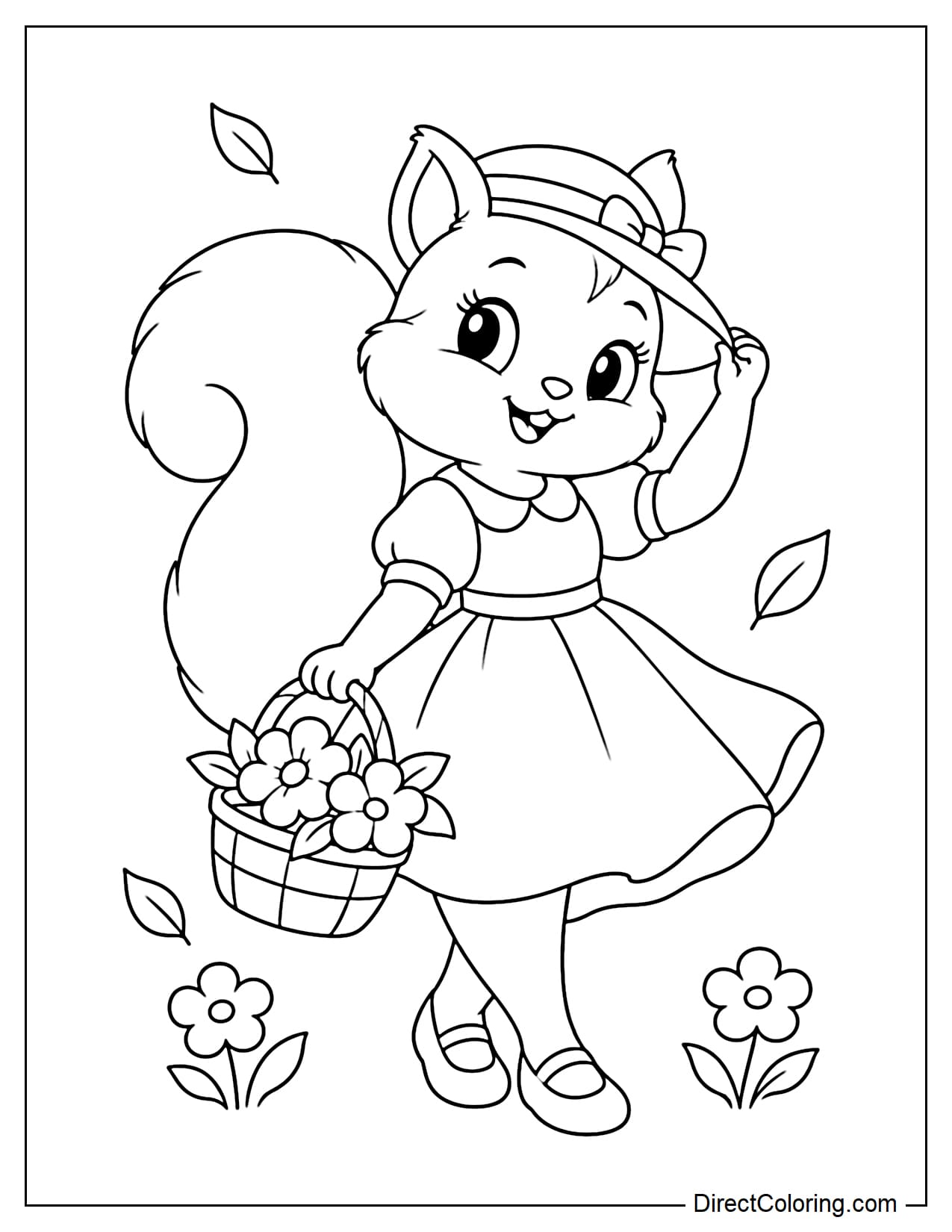 A cute squirrel wearing a simple flared dress and a small hat, carrying a basket filled with large flowers in one paw while gently holding the brim of its hat with the other.