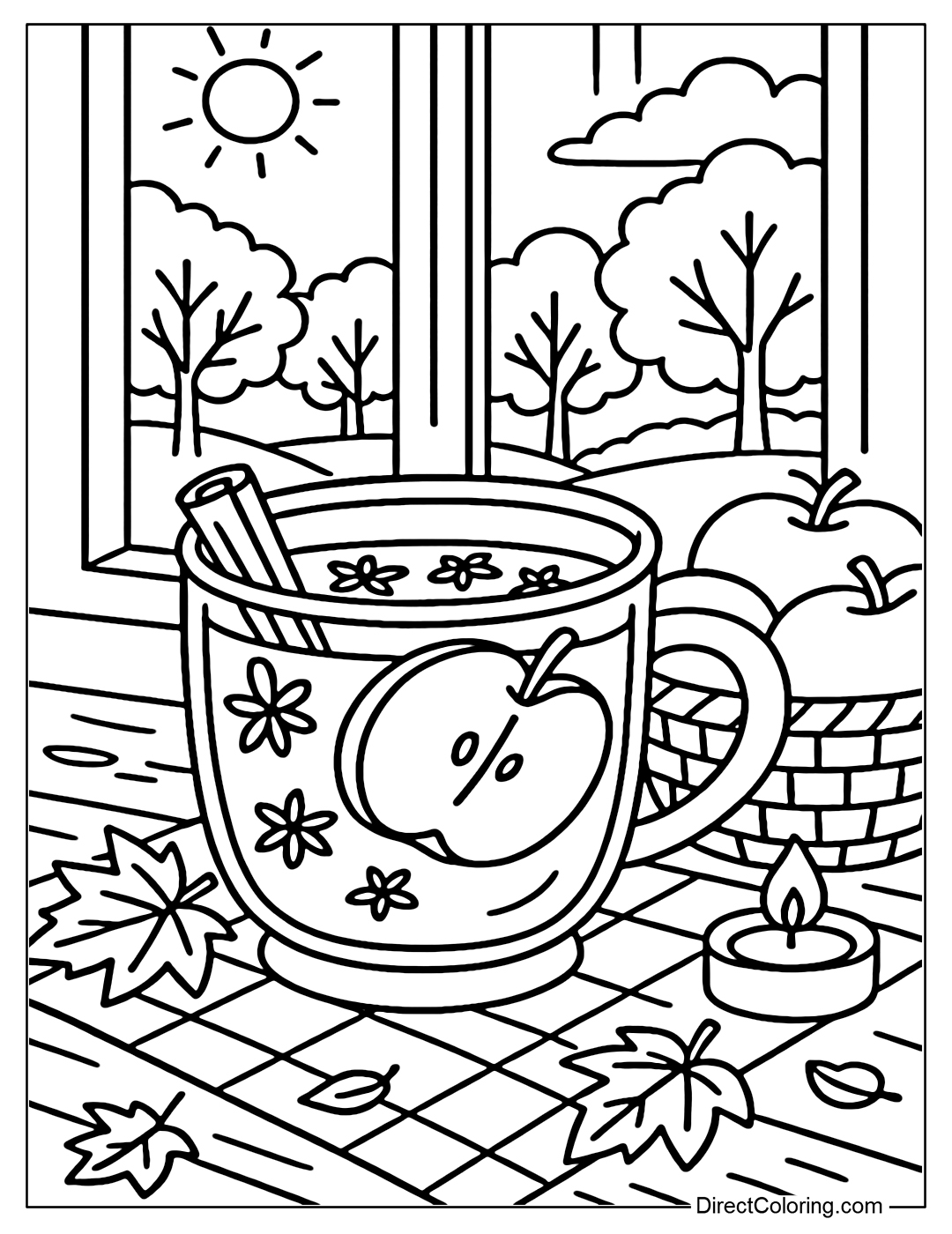 Coloring page of a large glass cup placed on a wooden table covered with a checkered cloth, containing hot apple cider, inside are thin apple slices, cinnamon sticks and a few floating stars on the water surface.