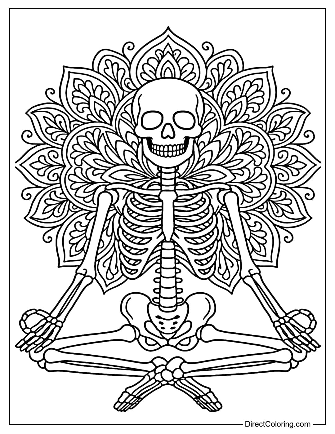 Coloring page of a skeleton meditating in a yoga pose, a peaceful expression, surrounded by soft mandala patterns.
