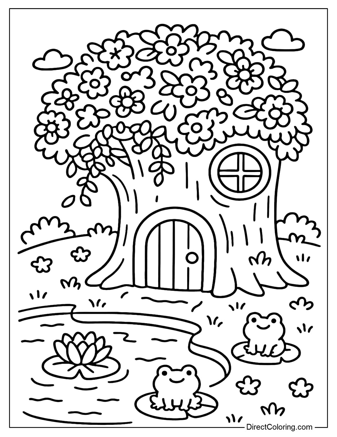 Stump with Crystal Pond Coloring Page A tree stump coloring page next to a small, clear pond reflecting the sky. On the water surface are water lilies and a few frogs.