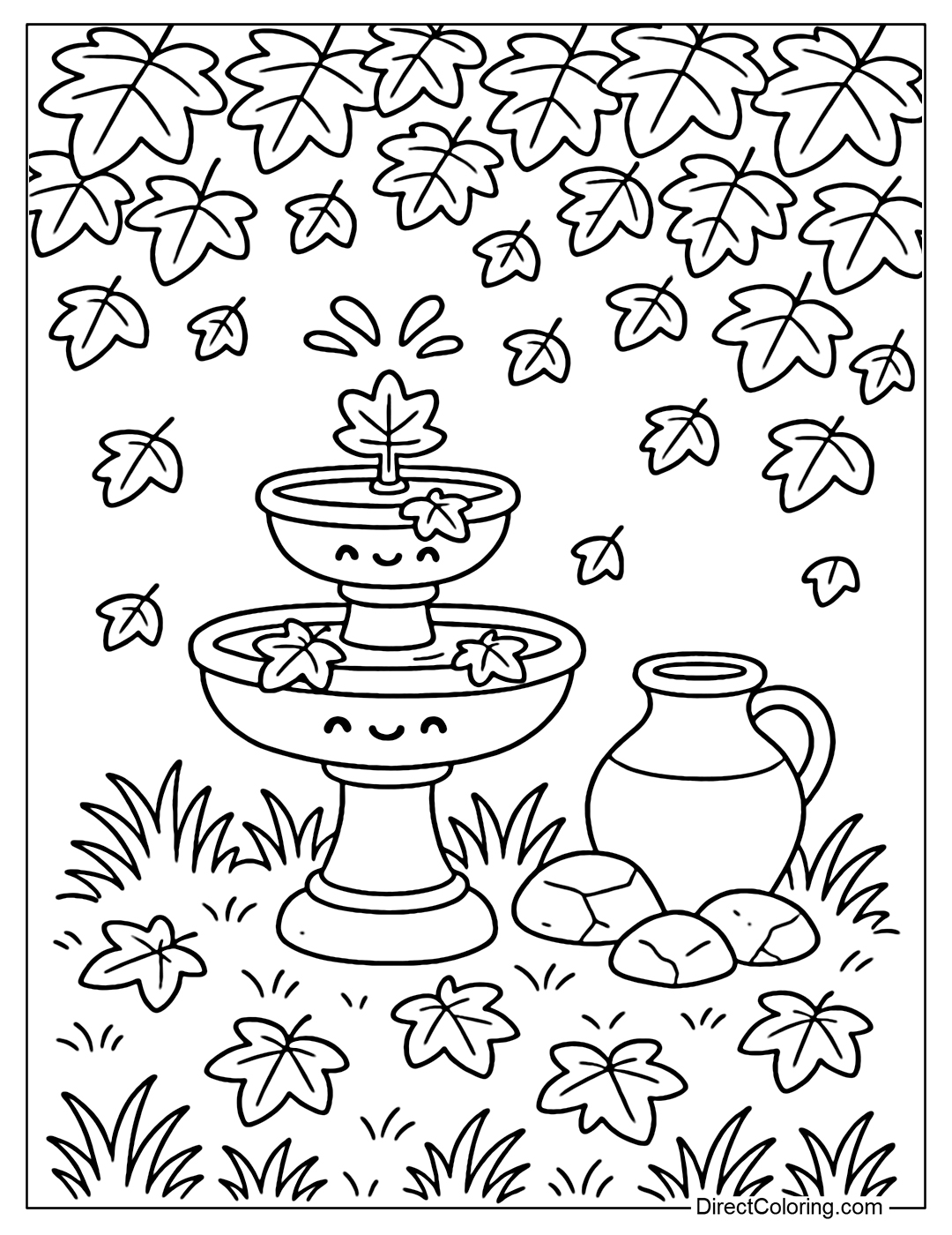 A fountain coloring page covered with red and yellow maple leaves, ceramic jar, rocks and dry grass