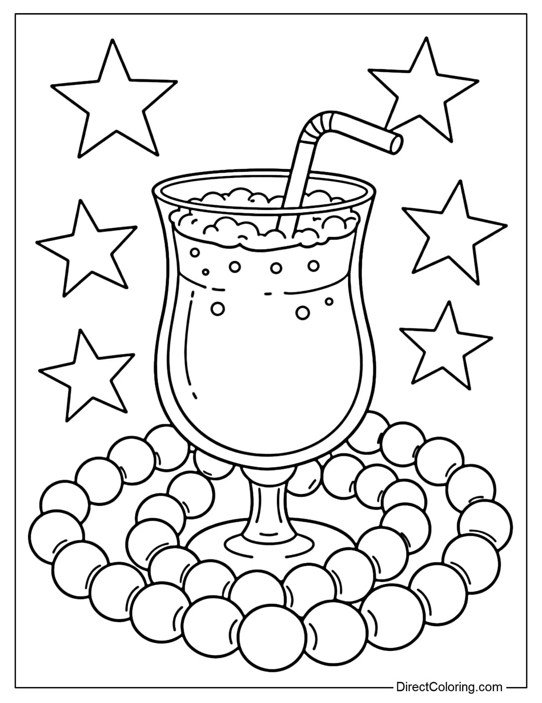Coloring page of a large Mardi Gras party cup with a curved straw, surrounded by a string of large beads and some stars.