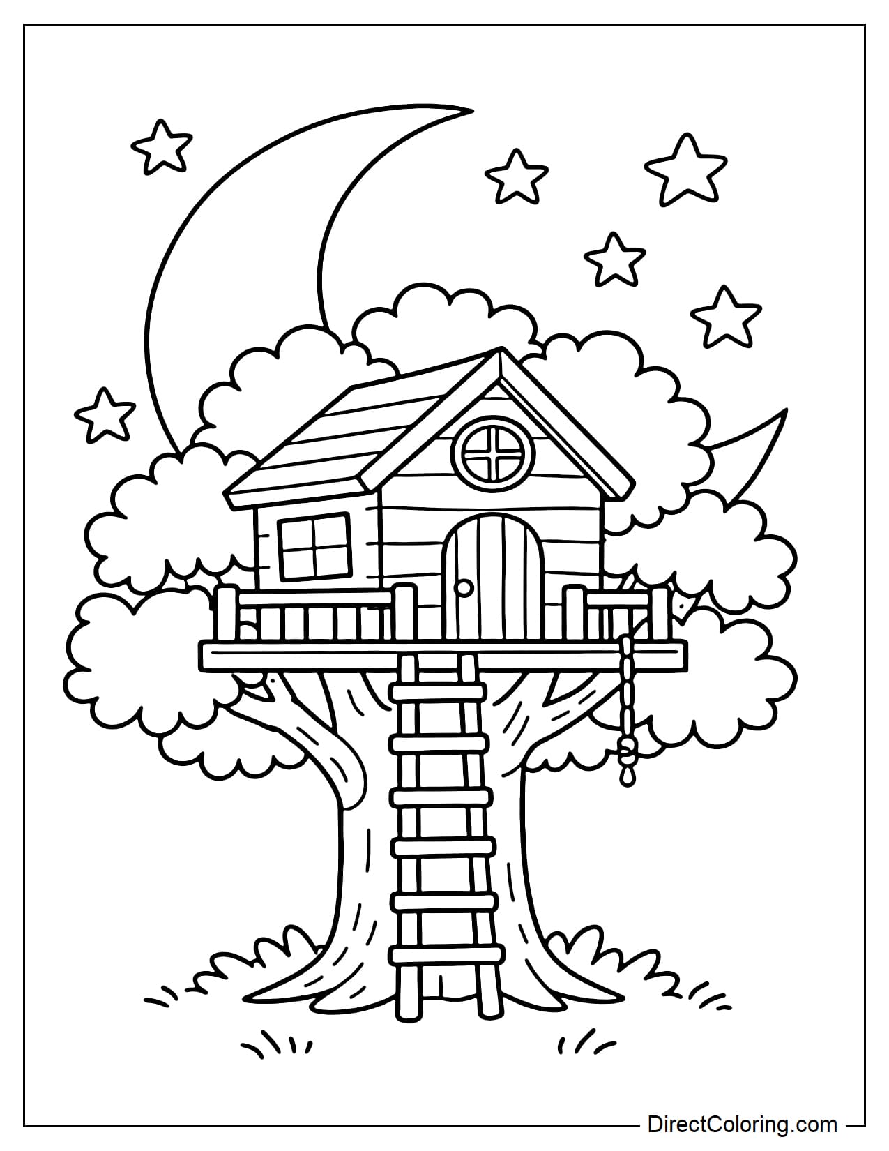 A treehouse perched on a tree with a large crescent moon and several stars in the background.