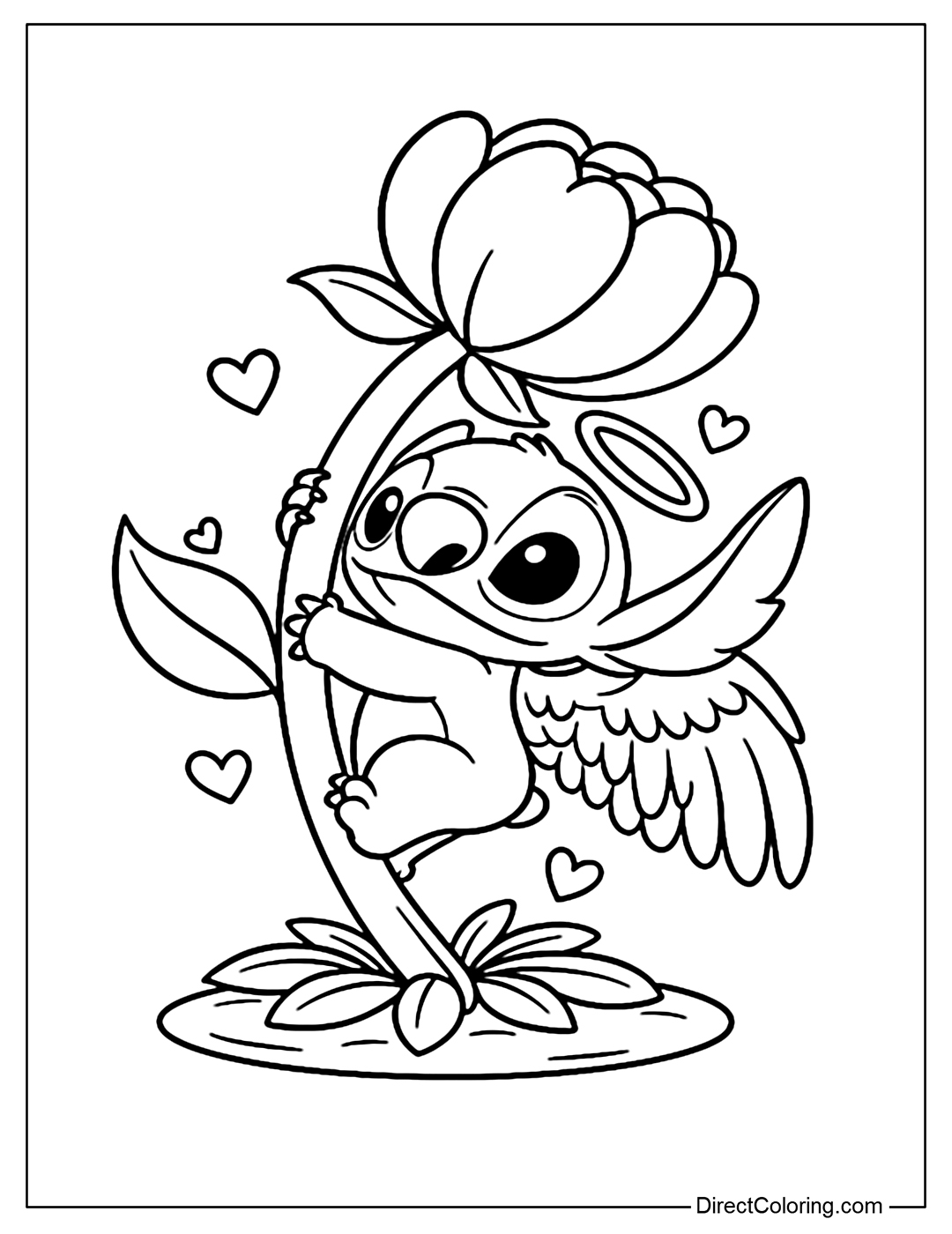 Angel Stitch Hugs Giant Flower Tree Coloring Page