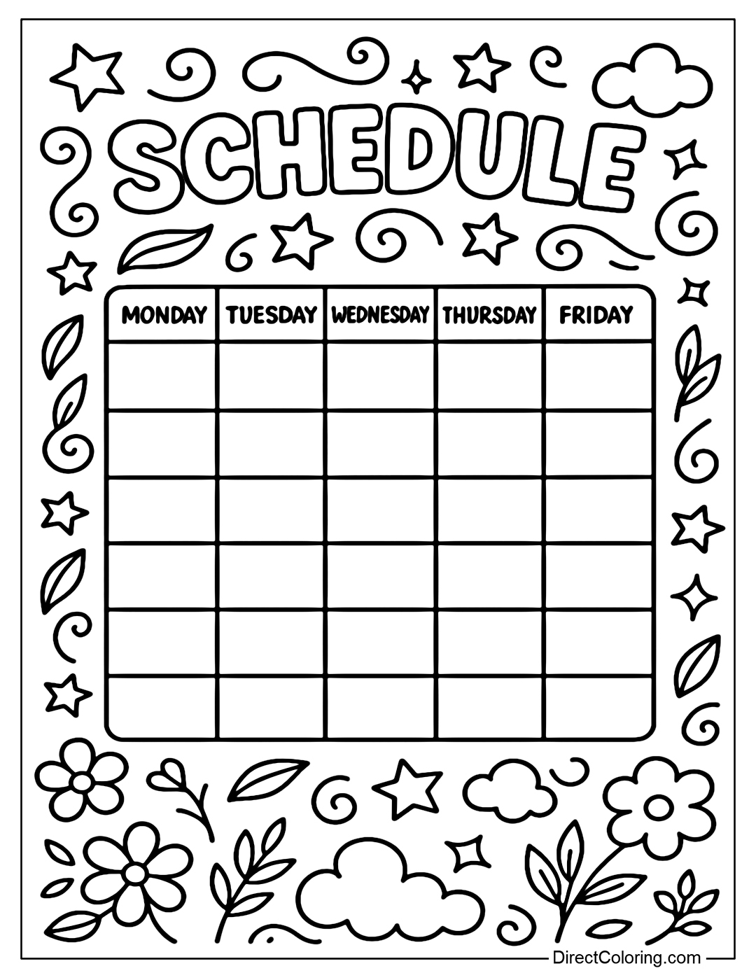 A floral schedule coloring page with a 5-day calendar frame, bordered by flowers, leaves, clouds and stars.