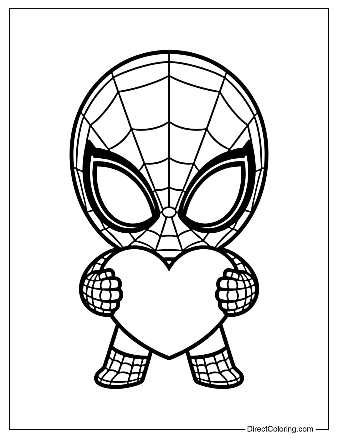 A super cute chibi Spiderman coloring page hugging a big heart to his chest.