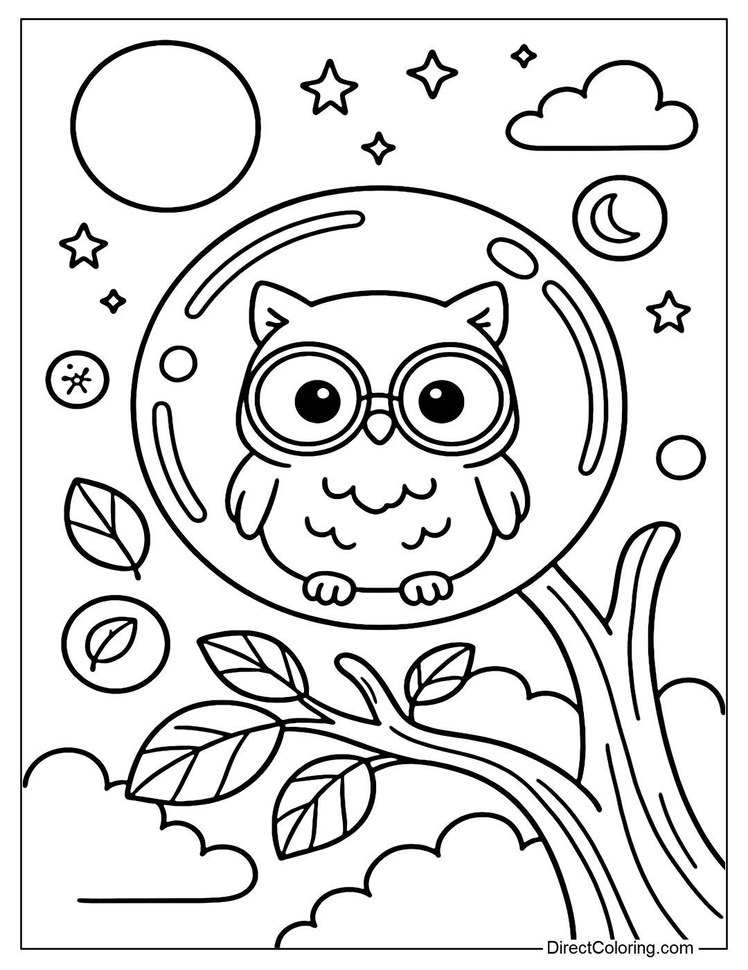 A large soap bubble coloring page containing a small owl wearing round glasses. The scene has a large tree canopy, curved branches reaching out, and large leaves.