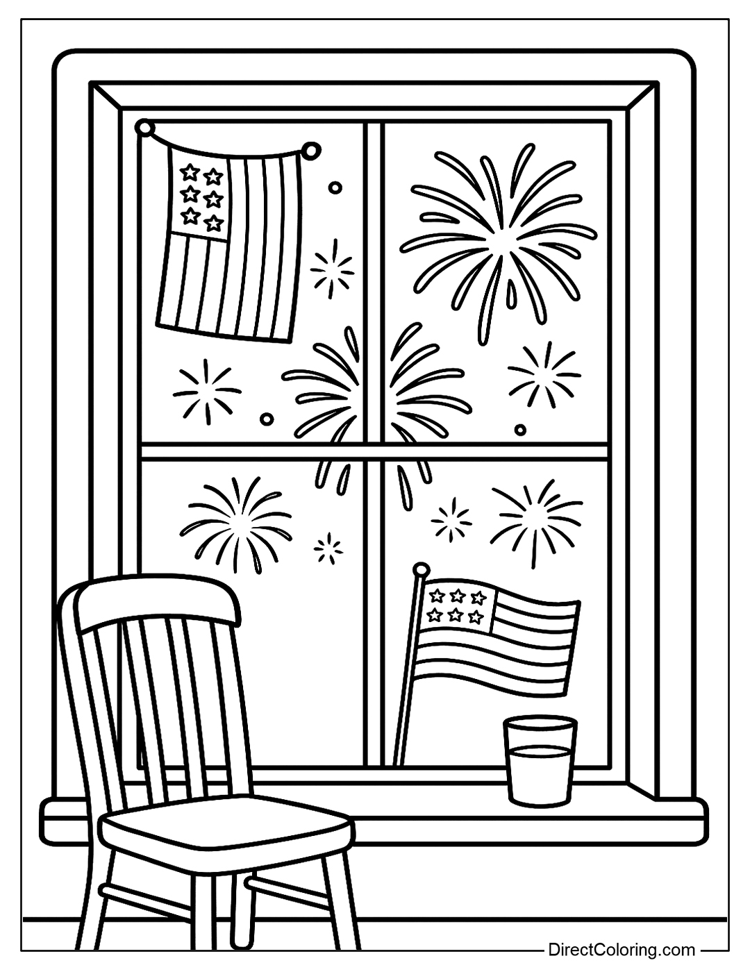 A coloring page with a window overlooking the outdoors with fireworks, an American flag hanging, a chair and a glass of water on the windowsill.