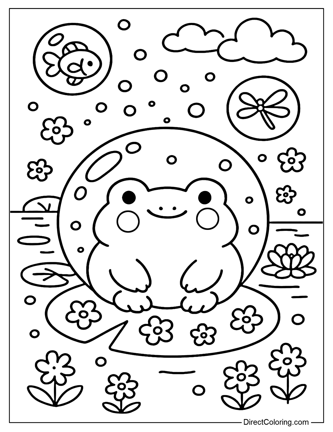 A large soap bubble coloring page containing a chubby frog, sitting among small flowers. Outside the bubble is a lotus pond, fluffy clouds and blooming flowers.