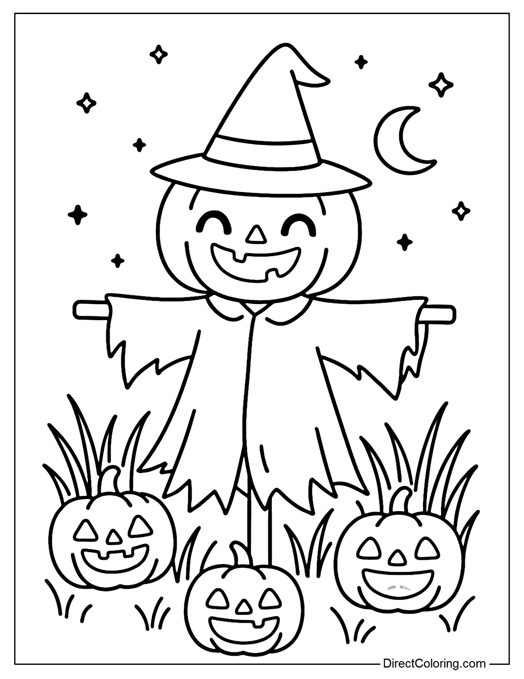 Scarecrow Coloring Page with a pumpkin head carved with a bright smiley face, wearing a pointed hat, wearing a tattered cape, standing in the middle of a field.