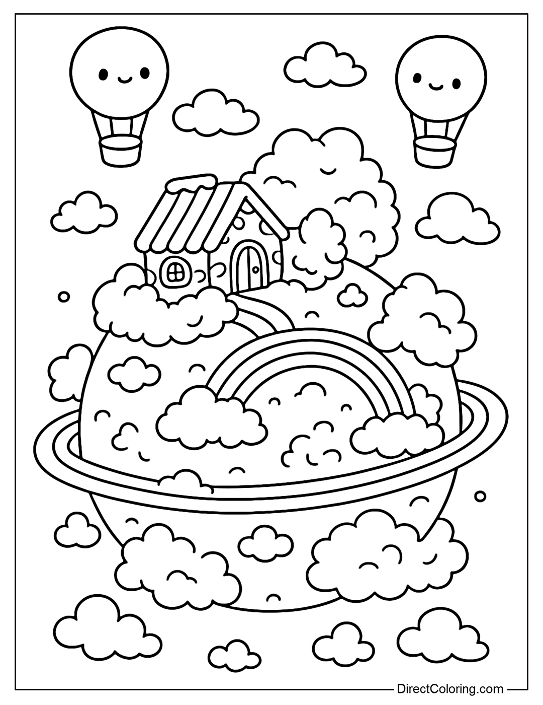 A soft cotton candy cloud planet coloring page, with a cotton candy house and a marshmallow bridge on the surface. The belt is a pink cloud swirl with candy residents riding marshmallow hot air balloons flying over.