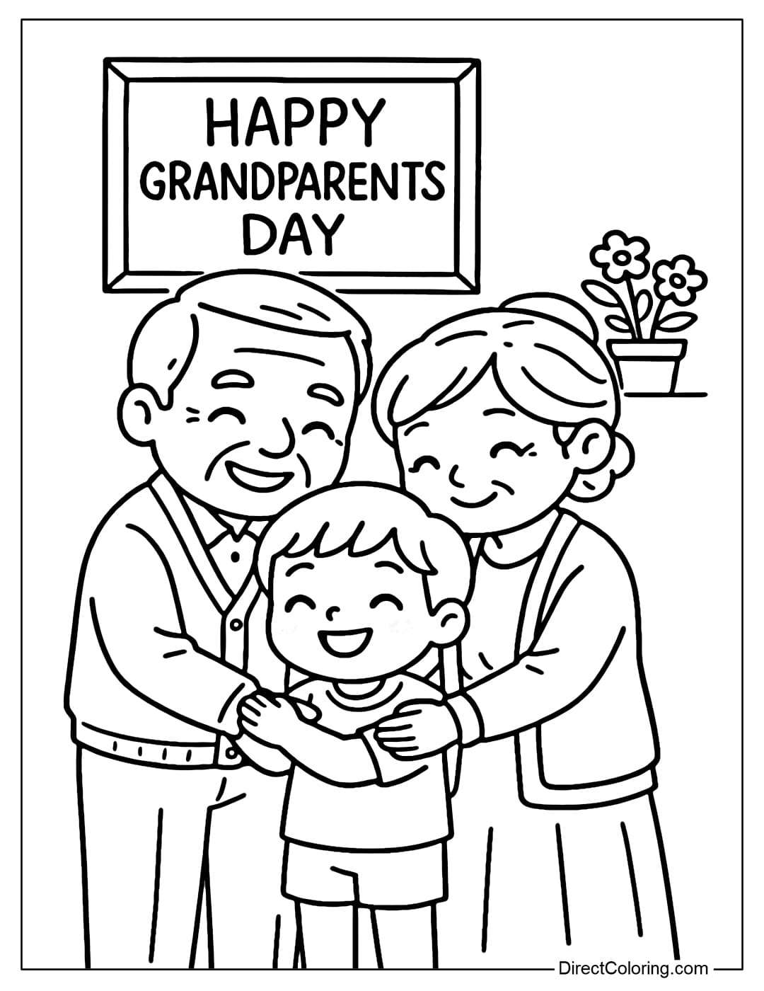 Coloring page of grandparents holding grandchildren in their warm arms, with a 