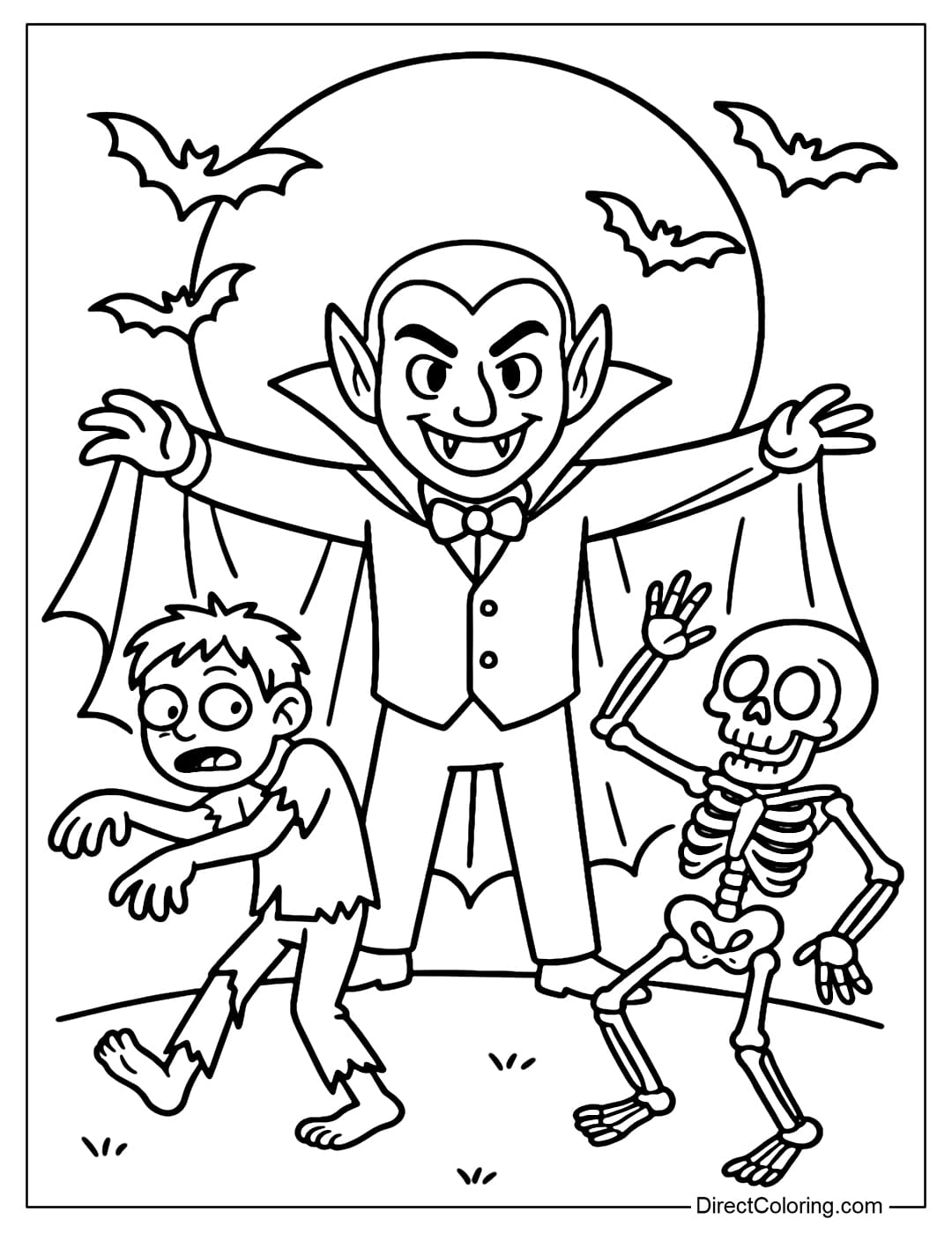 Dracula coloring page standing with his cloak open, little zombie is staggering with his arms outstretched, skeleton dancing.