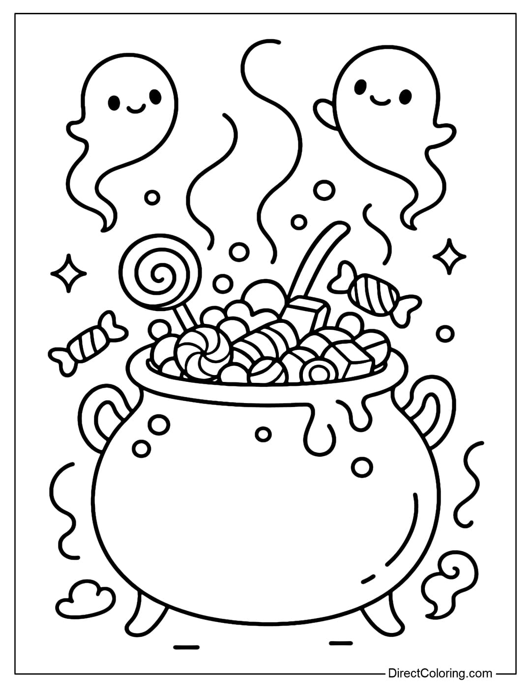 Coloring page of a boiling witch's pot but inside is not poison but full of candy and chocolate.