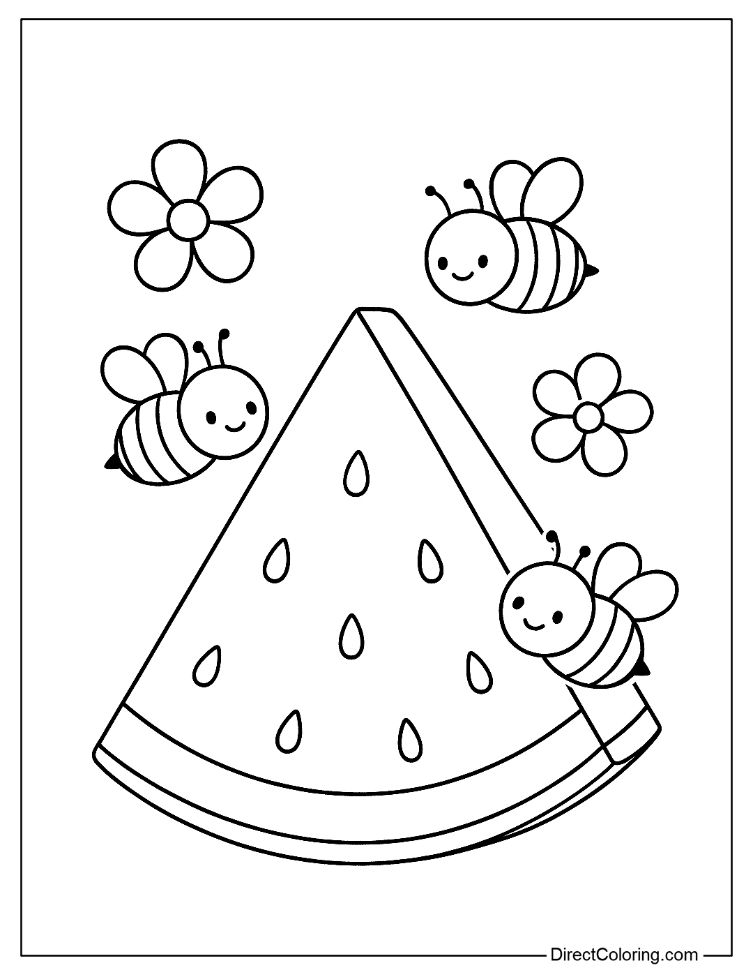 Watermelon and Bees Coloring Page for kids