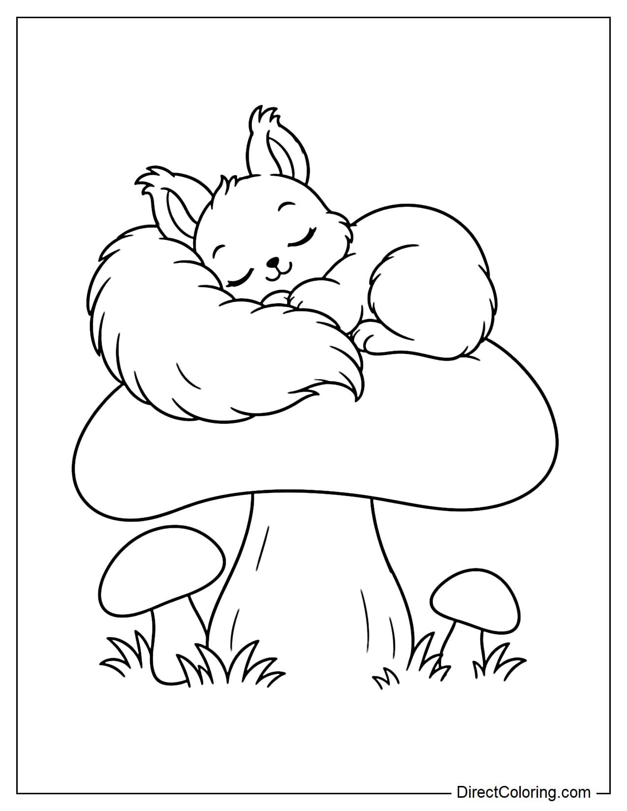 A little squirrel curled up and sleeping peacefully on top of a giant mushroom like a cozy bed, with its head resting on its soft, fluffy tail.