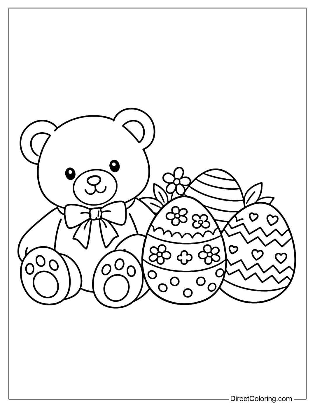 A coloring page featuring a teddy bear sitting next to Easter eggs.