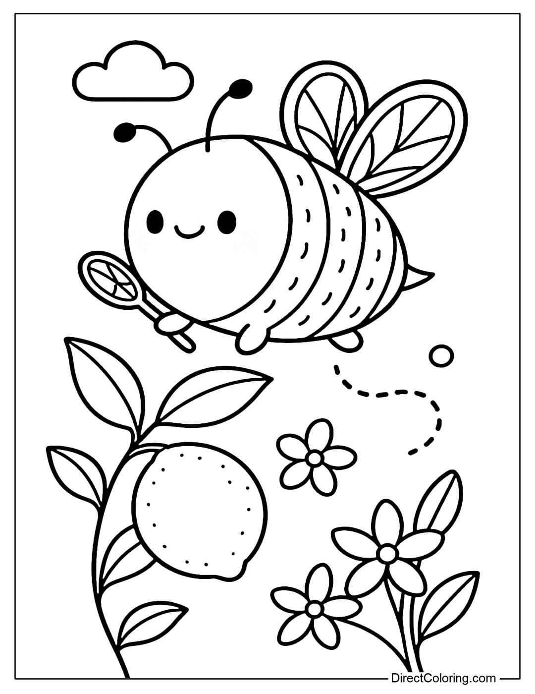 Coloring page of a small bee shaped like a lemon. The bee is round, yellow with stripes like lemon peel, wings like thin lemon slices.