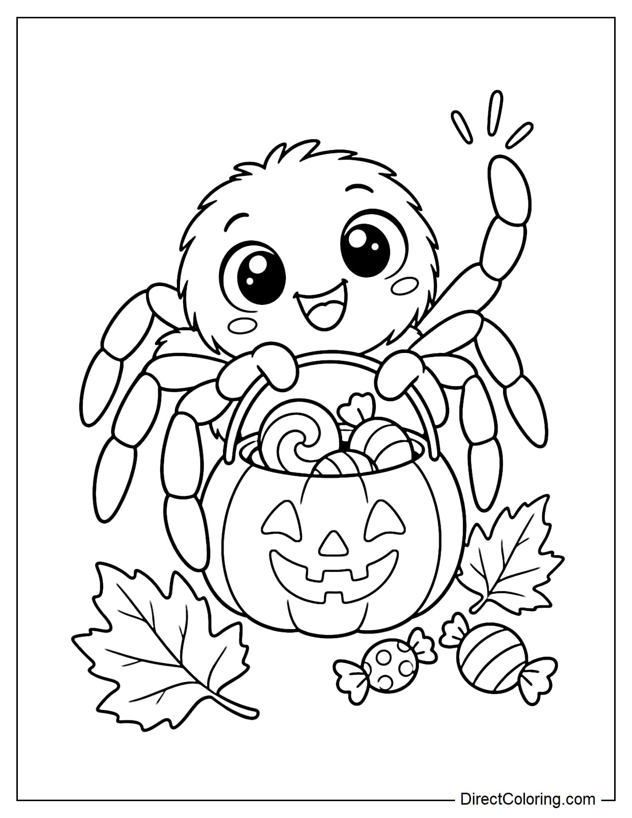 A cute spider uses several legs to carry a pumpkin-shaped Halloween bucket filled with large candies, raising one leg as it goes trick-or-treating.