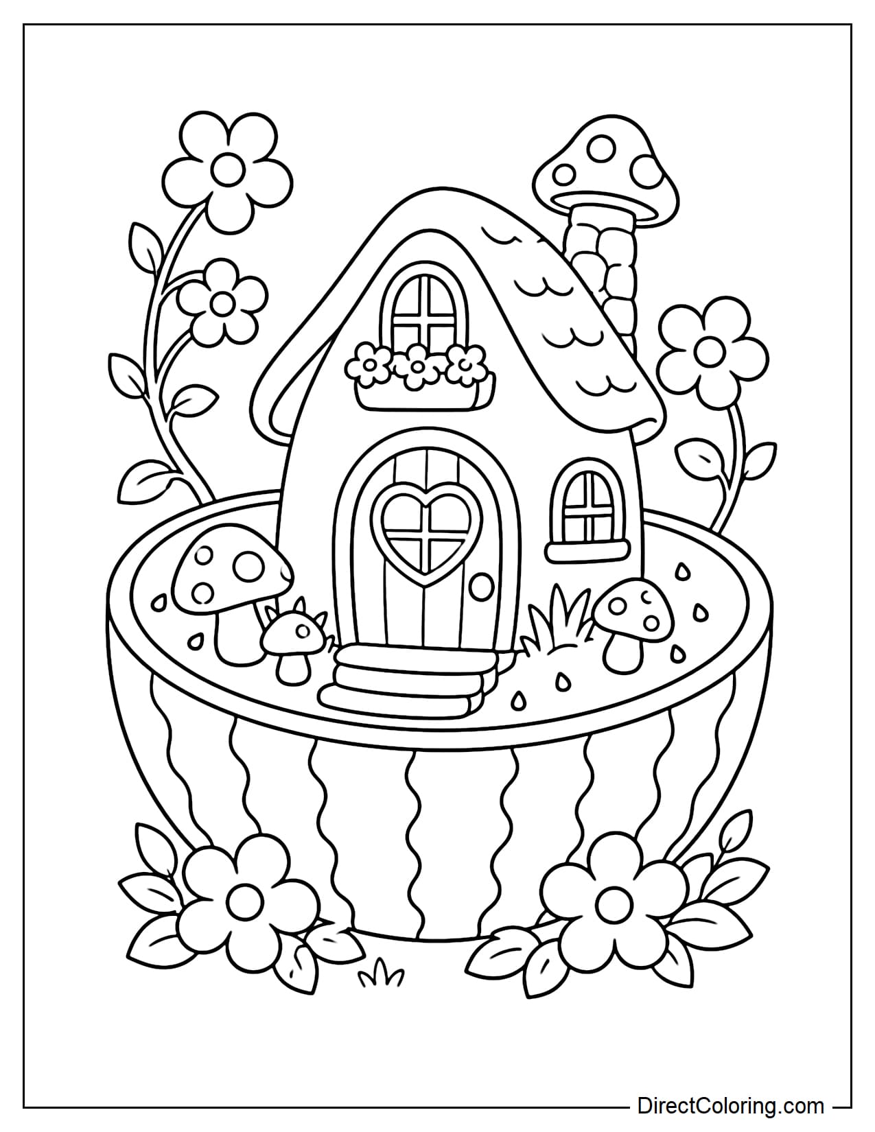 A small fairy house nestled inside half a watermelon with a heart-shaped door, small mushrooms, and some flowers.