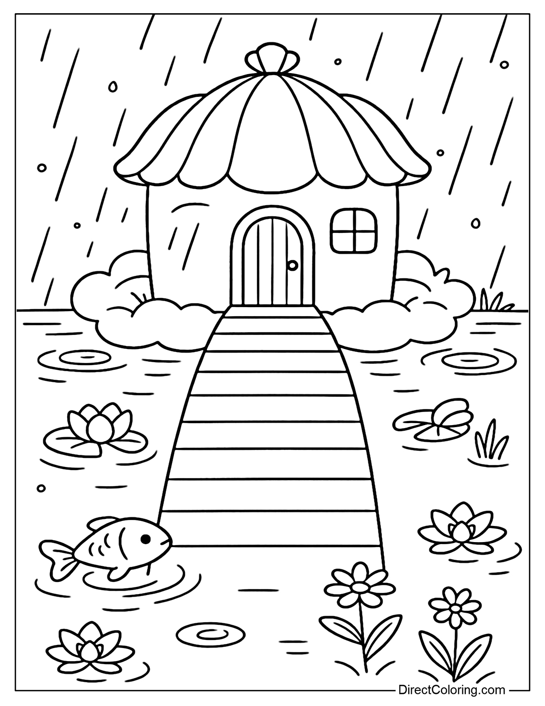 A coloring page of a small wooden bridge leading to a small house floating on the lake, with a shell-shaped roof, the rain falling creates ripples, with koi fish swimming and lotus flowers blooming by the lake.