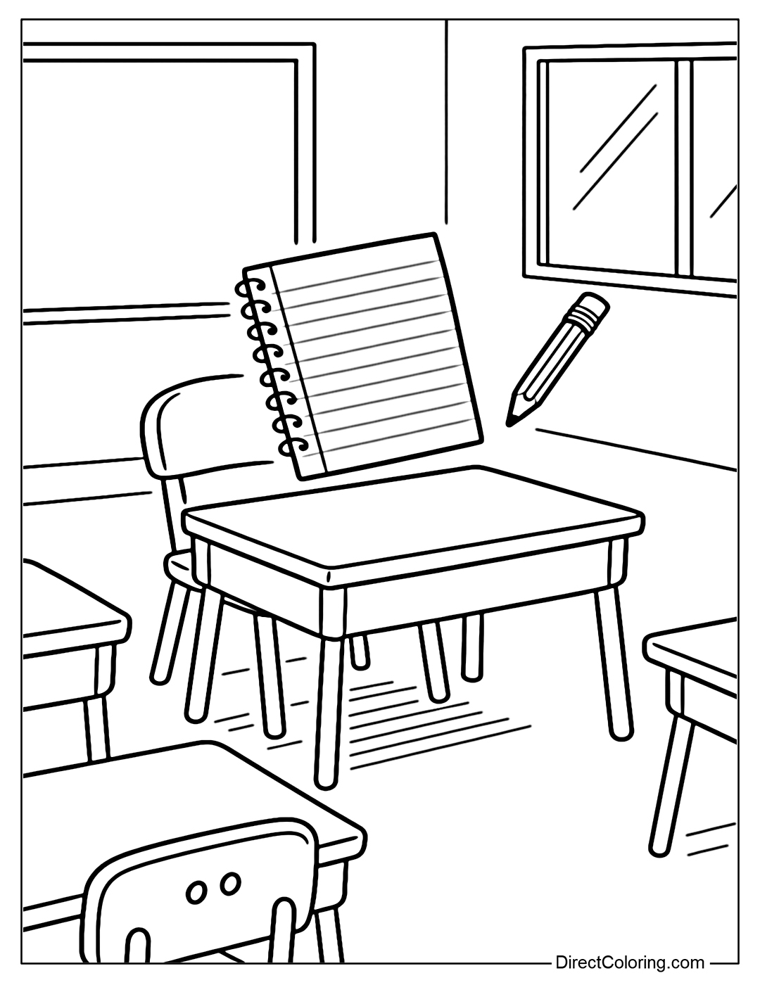 A classroom coloring page with an invisible student, only the notebook and pen are seen floating in the air.