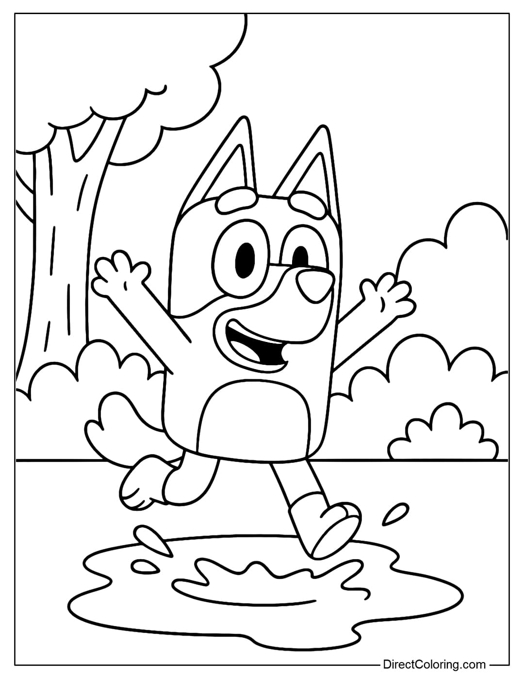 Bluey Coloring Page happily raising his hands to jump on a large puddle, surrounded by bushes and large trees.