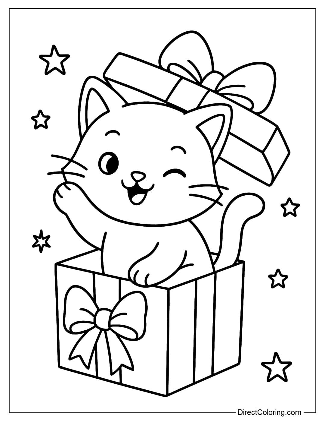 Coloring page of a Christmas kitten sitting in an open gift box, ribbon and a big bow.