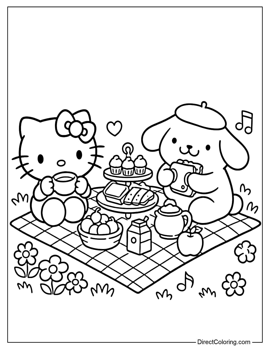 Hello Kitty and Pompompurin sit together in a simple picnic with cute cakes and food.