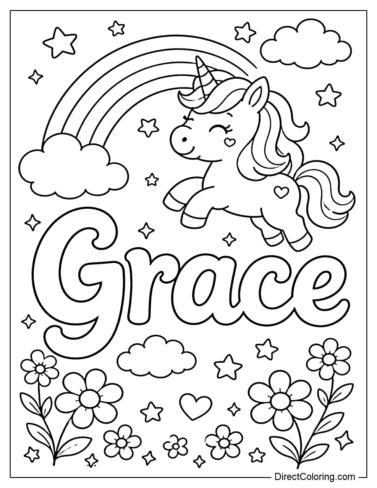 The name Grace is written in soft letters, surrounded by an adorable unicorn, rainbow, clouds, stars, and small flowers.