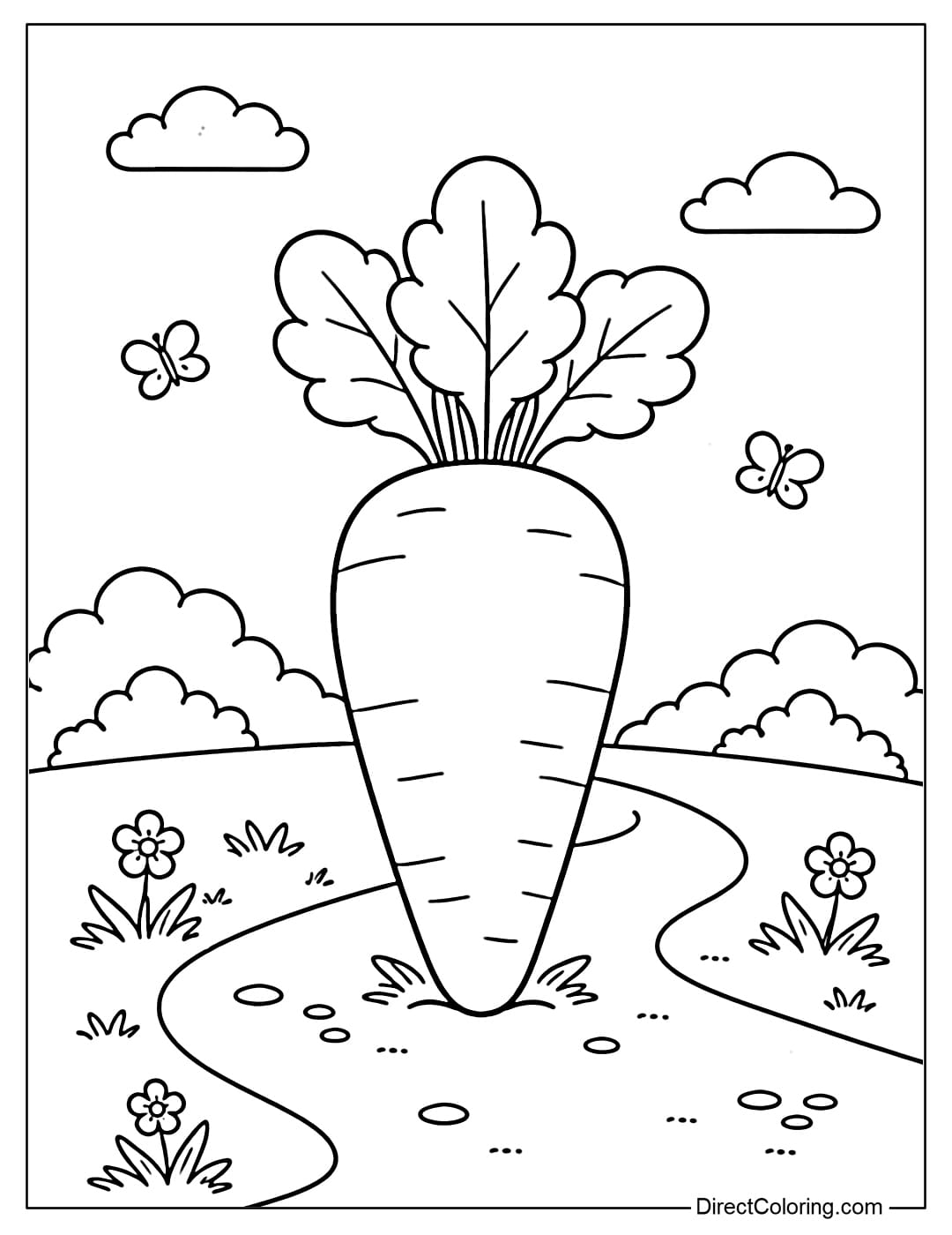 A large carrot standing on a simple ground line.