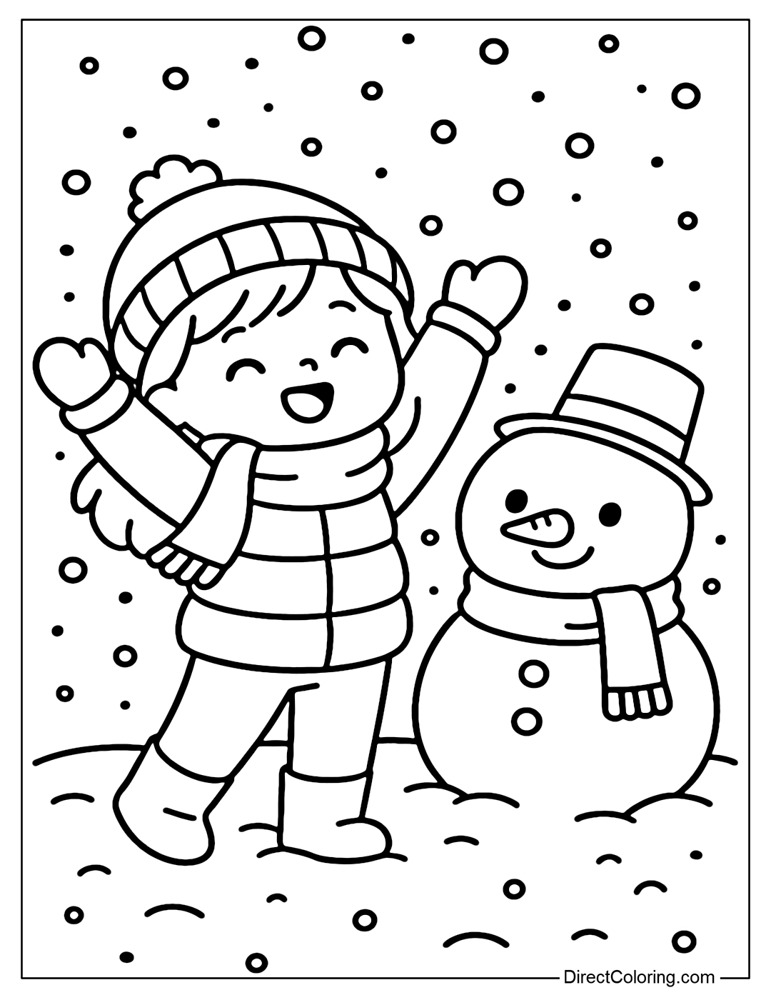 Coloring page of a little girl throwing snow at her first sight of snow, next to her newly made snowman.