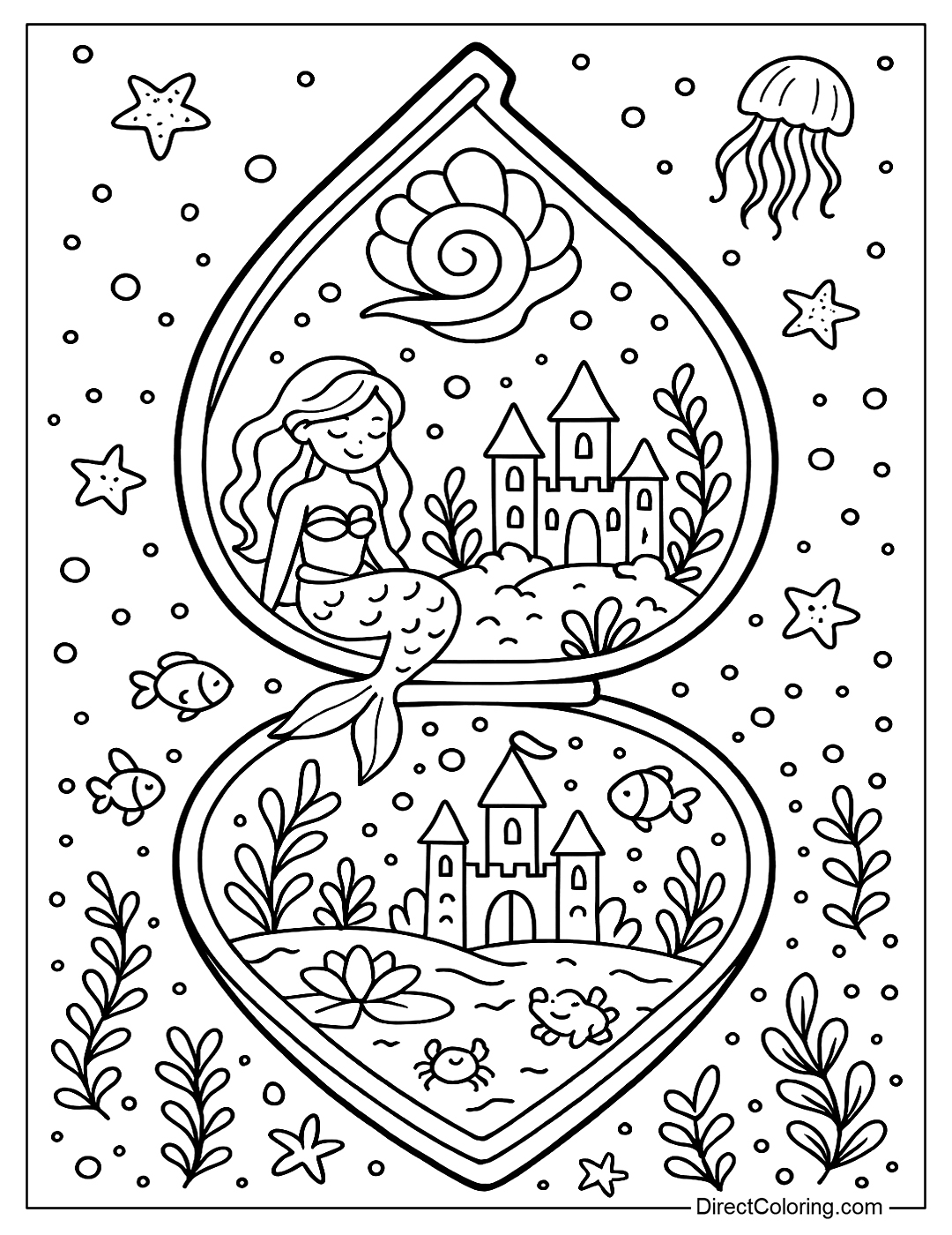 A teardrop compact makeup coloring page that opens to an underwater castle with a mermaid and sea creatures