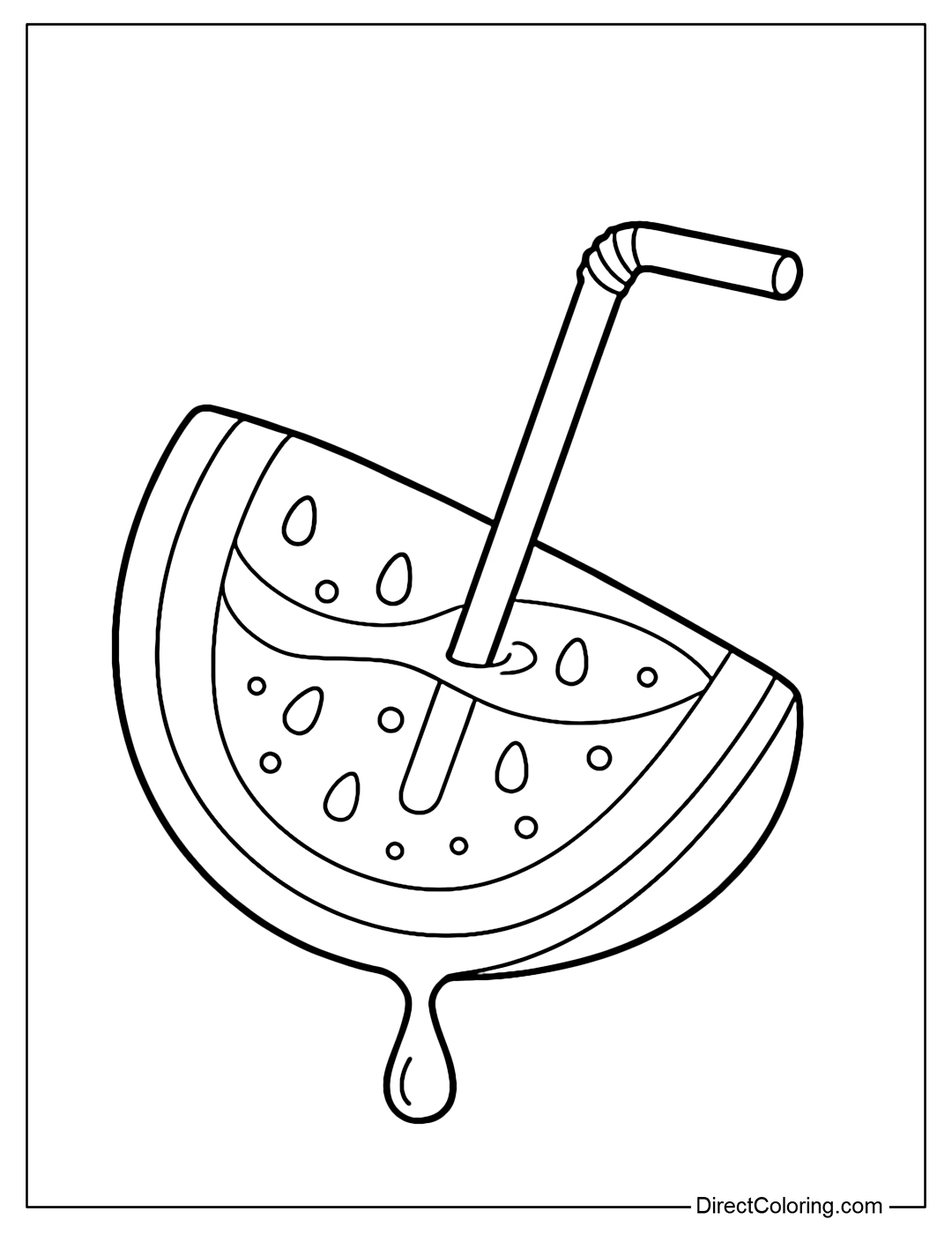 A watermelon slice coloring page with sparkling water, a straw through the skin, with small drops of water flowing down.