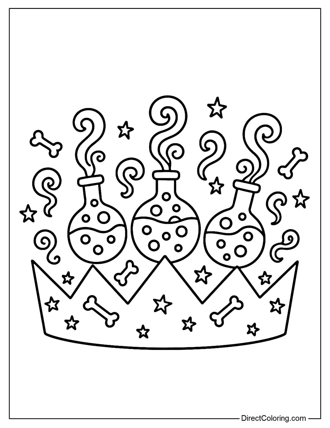 Halloween paper crown coloring page with magic potion bottles full of bubbles and swirling smoke, interspersed with small bones and stars.