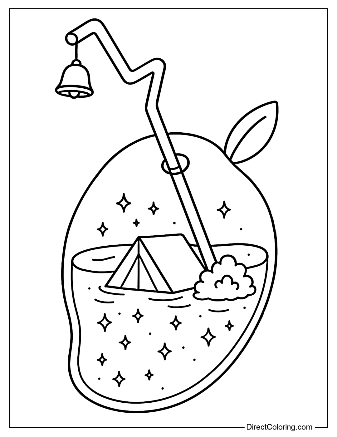 Coloring Page Half a mango filled with sparkling orange juice. Inside is a small tent and a mini bush. A Z-shaped straw with a small bell.