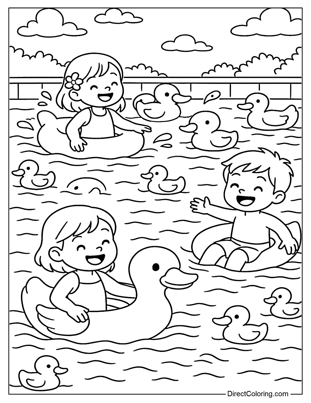An outdoor pool coloring page filled with duck floats, kids laughing and swimming with a flock of ducks.