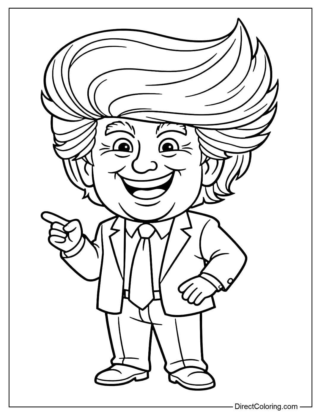 A humorous Donald Trump coloring page with exaggeratedly large and fluffy hair and a cheerful face.