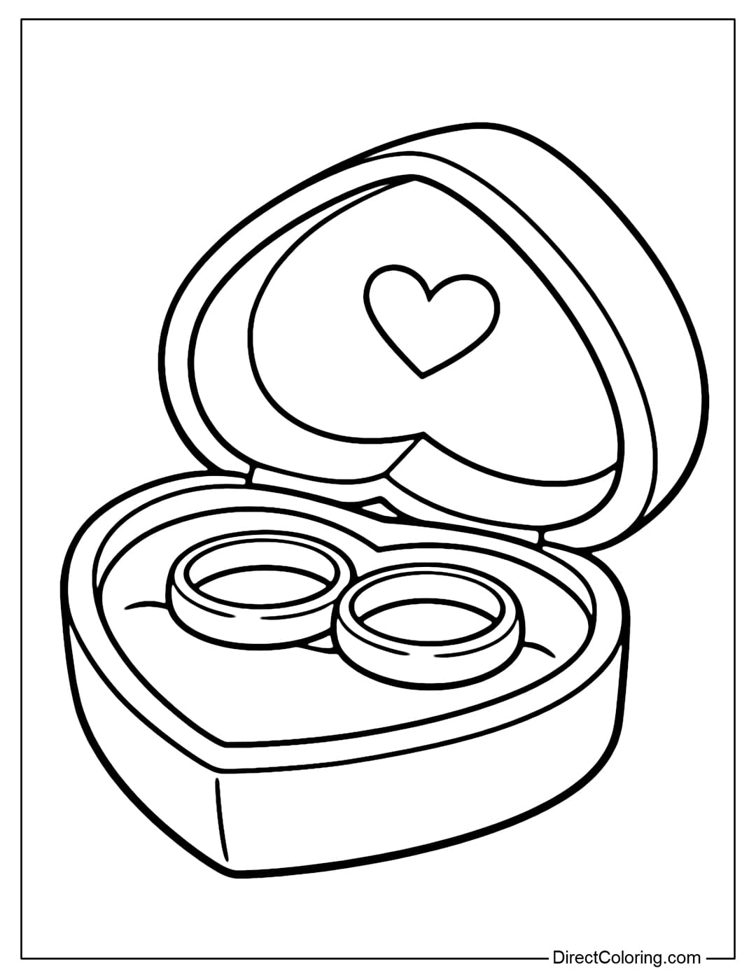 A coloring page of an open heart-shaped wedding ring box, inside which are two round rings placed side-by-side.